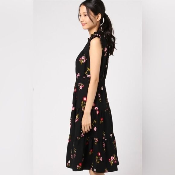 kate spade L Ma Cherie In Bloom Black Floral Smocked Waist Tiered A Line Dress - Picture 3 of 16